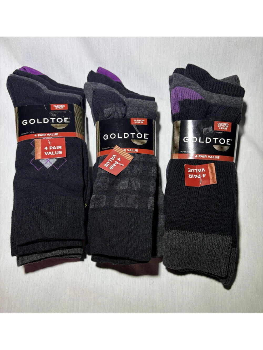 GOLDTOE Men’s Crew Socks 12 Pairs Lot Black Gray Purple Fashion Dress Casual